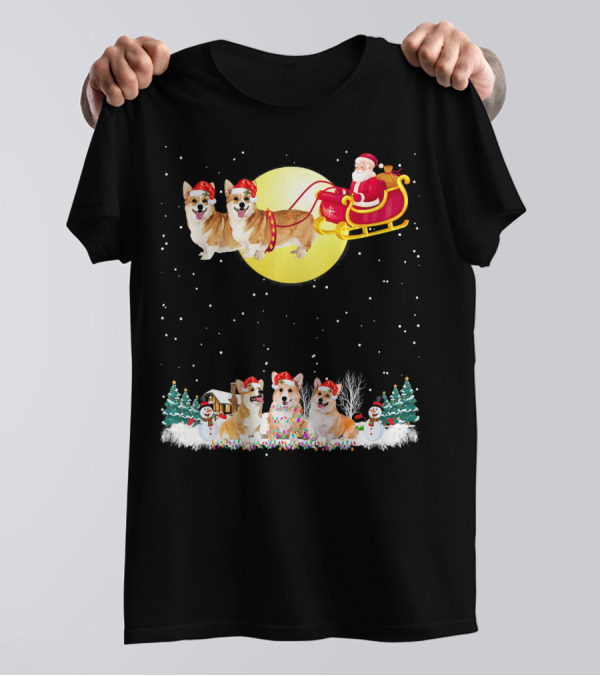 Santa Claus Sleigh Welsh Corgi Reindeer Christmas Lights Holiday Scene T-Shirt