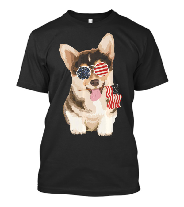 Pembroke Welsh Corgi Dog With American Flag Sunglasses And Flag In Mouth T-Shirt