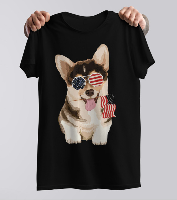 Pembroke Welsh Corgi Dog With American Flag Sunglasses And Flag In Mouth T-Shirt