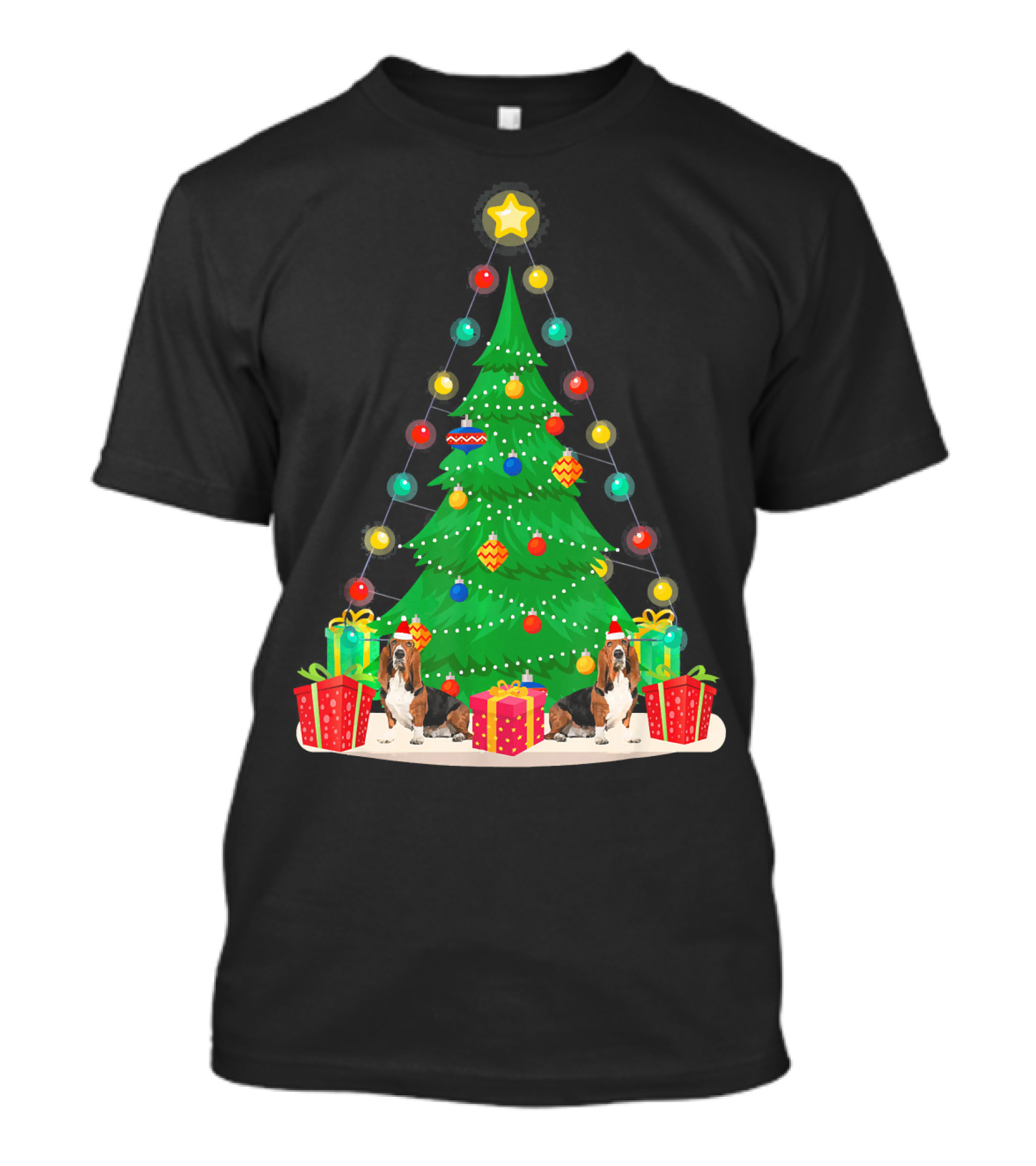 Santa Basset Hound Dog With Christmas Tree And Gifts T-Shirt