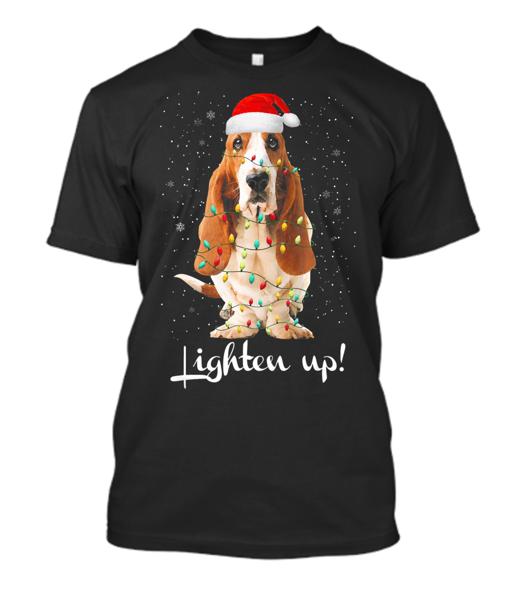 Tee89s Basset Hound Lighten Up Christmas Lights Santa Hat T-Shirt