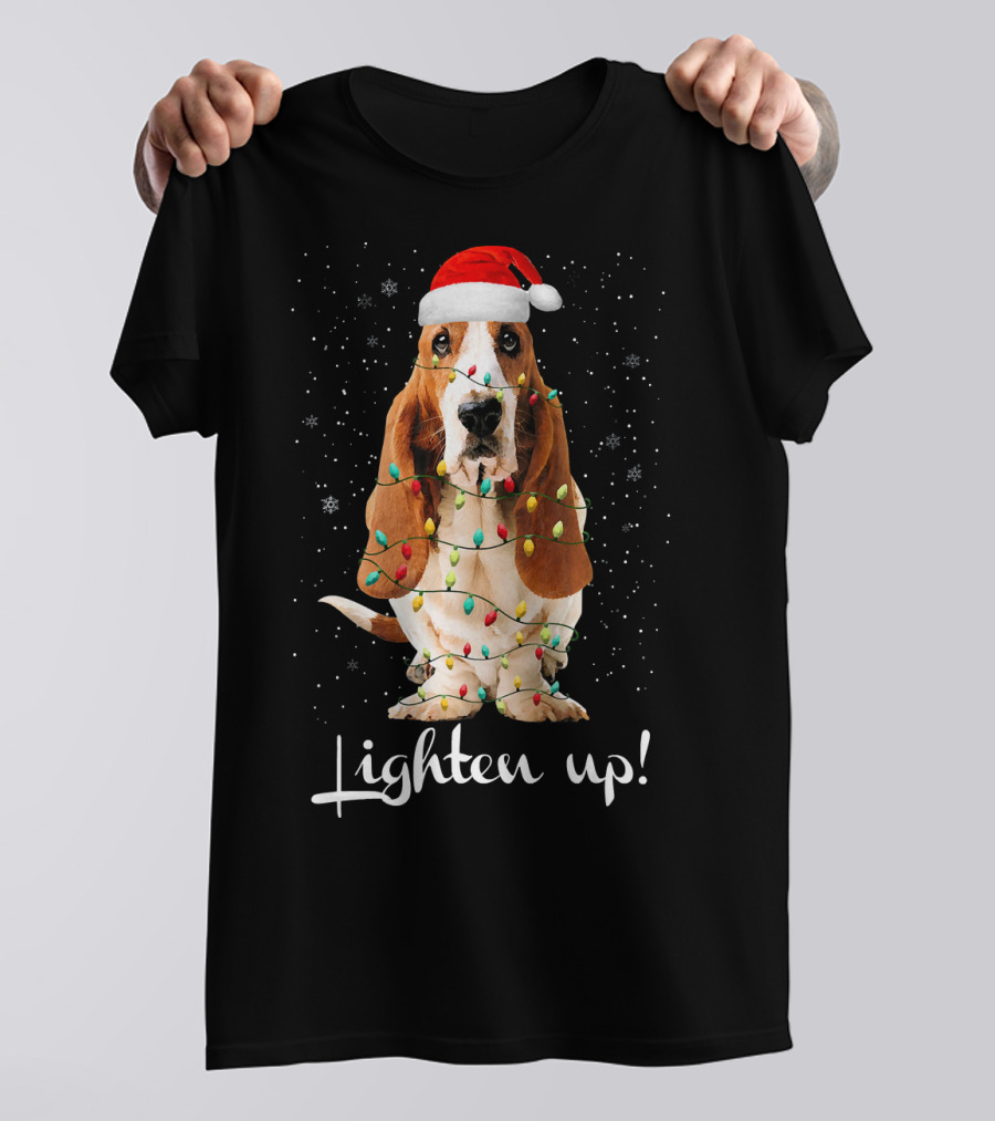 Tee89s Basset Hound Lighten Up Christmas Lights Santa Hat T-Shirt