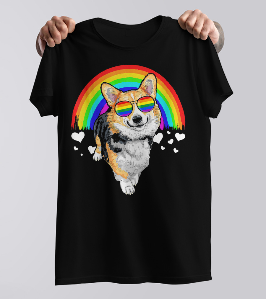 Welsh Corgi In Rainbow Sunglasses With Hearts And Pride Flag Colors T-Shirt