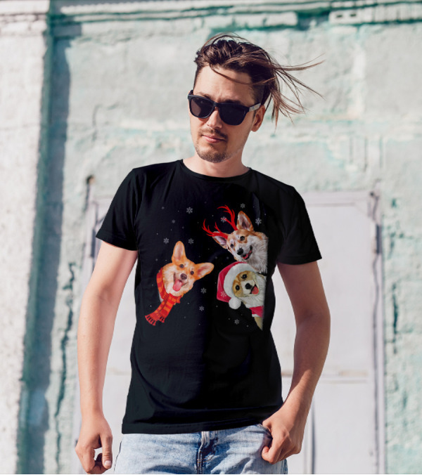 Tee89s Corgi Holiday Fun Facts With Festive Santa Hats And Reindeer Antlers T-Shirt