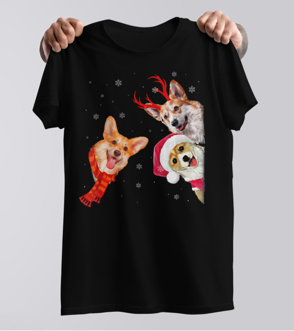 Tee89s Corgi Holiday Fun Facts With Festive Santa Hats And Reindeer Antlers T-Shirt