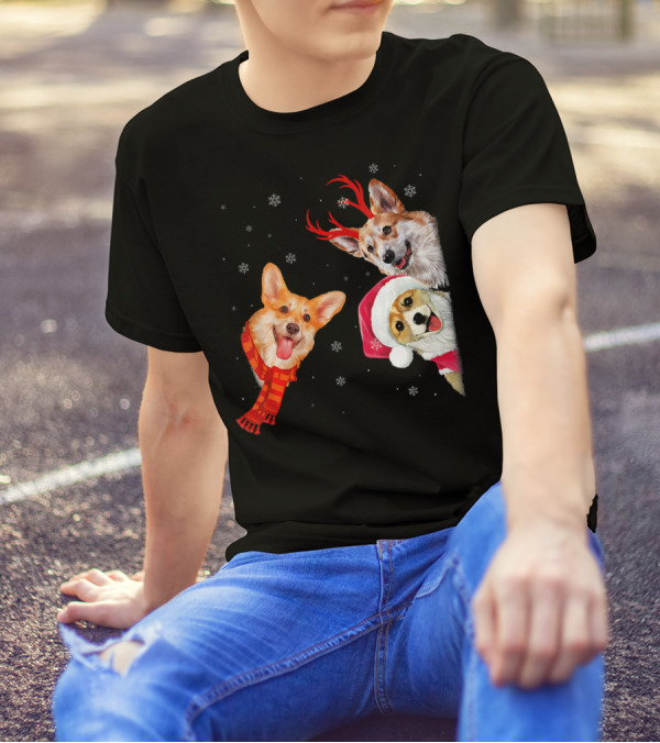 Tee89s Corgi Holiday Fun Facts With Festive Santa Hats And Reindeer Antlers T-Shirt