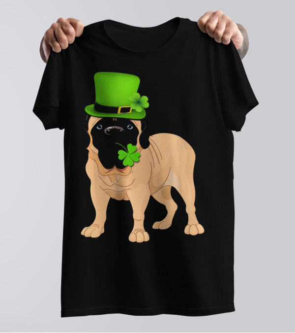 St Patricks Day English Mastiff Dog With Shamrock And Green Hat T-Shirt
