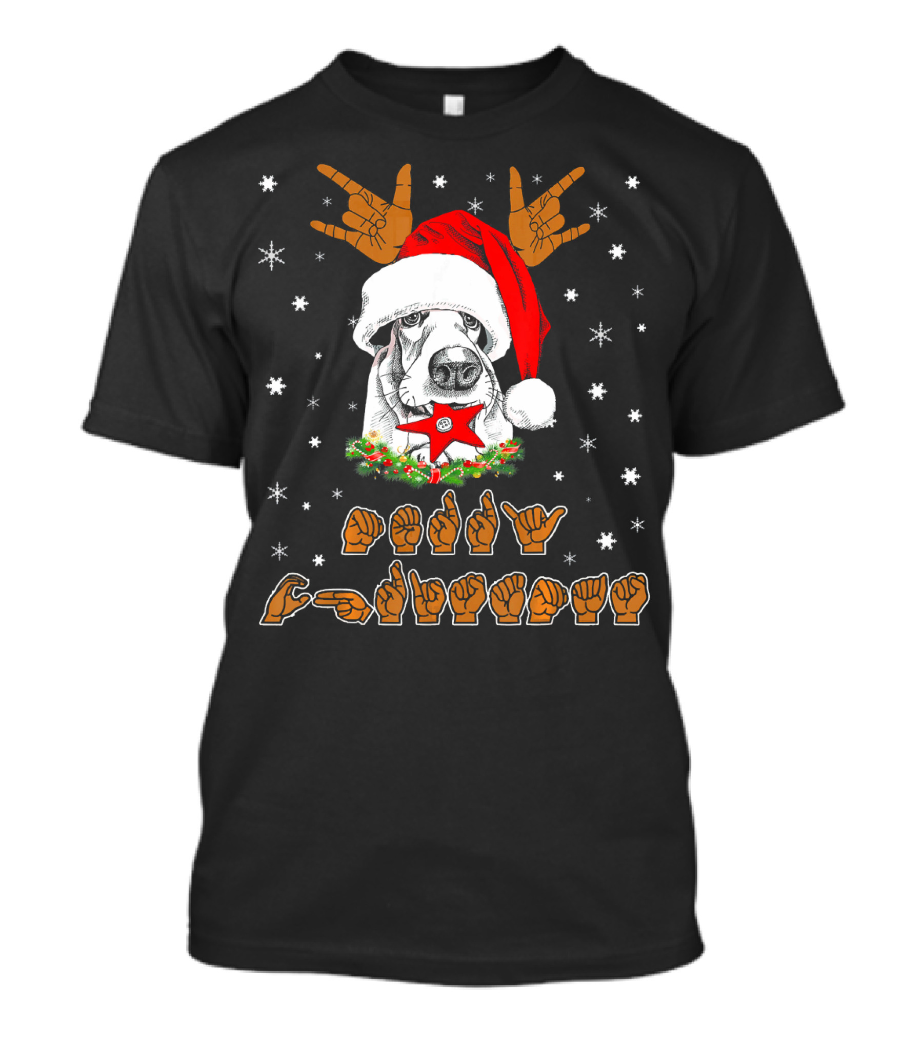 Basset Hound Dog ASL Sign Language Deaf Merry Christmas Holiday Santa Hat Snowflakes T-Shirt