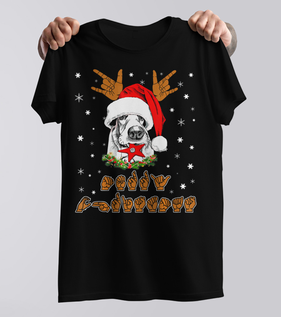 Basset Hound Dog ASL Sign Language Deaf Merry Christmas Holiday Santa Hat Snowflakes T-Shirt