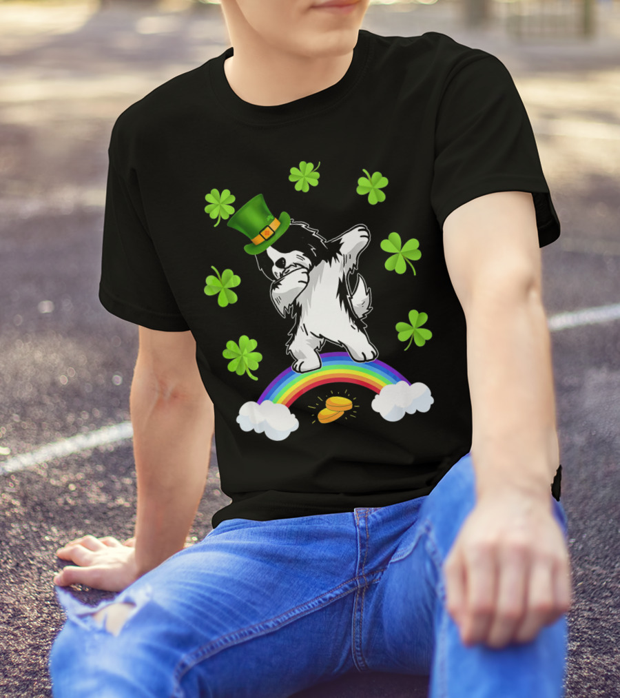 St Patricks Day Dabbing Irish Dog With Shamrocks And Rainbow T-Shirt