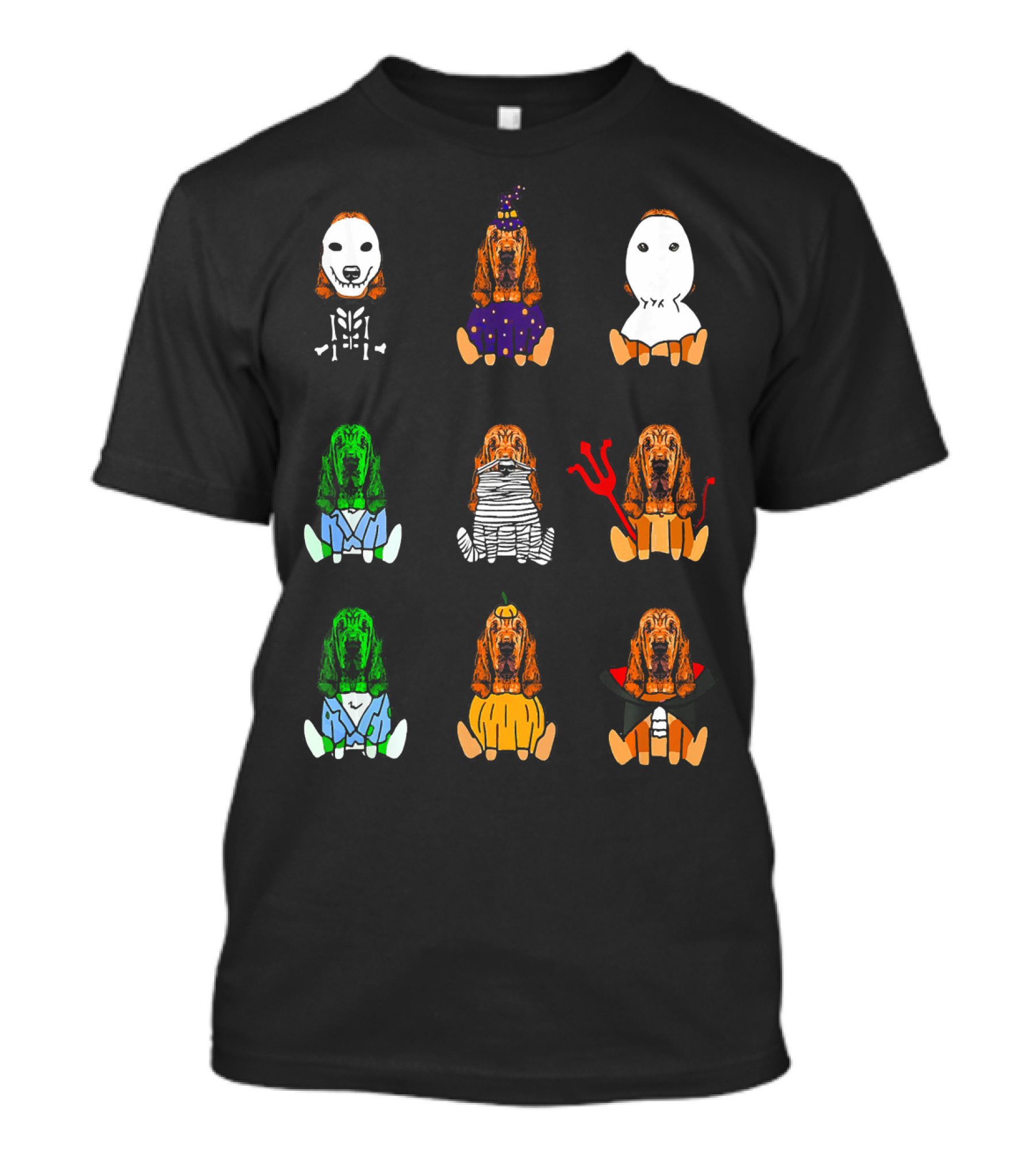 Basset Hound Skeleton Witch Ghost Frankenstein Mummy Devil Pumpkin Vampire T-Shirt