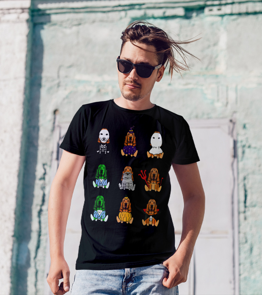 Basset Hound Skeleton Witch Ghost Frankenstein Mummy Devil Pumpkin Vampire T-Shirt