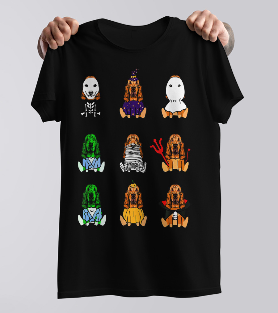 Basset Hound Skeleton Witch Ghost Frankenstein Mummy Devil Pumpkin Vampire T-Shirt