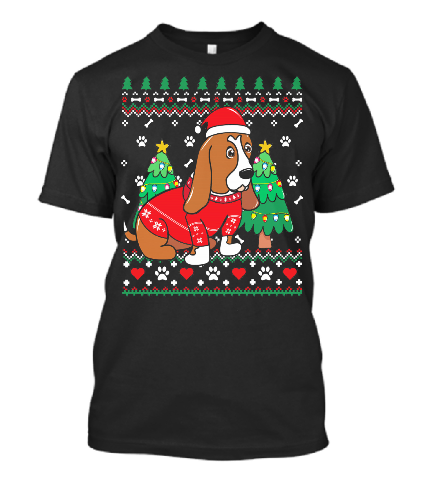 Basset Hound Christmas Ornament Tree With Festive Sweater And Santa Hat T-Shirt