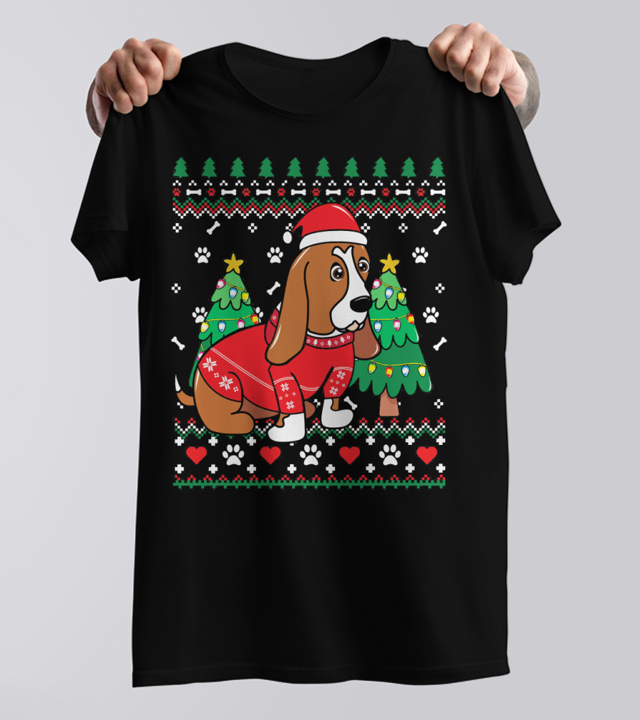 Basset Hound Christmas Ornament Tree With Festive Sweater And Santa Hat T-Shirt