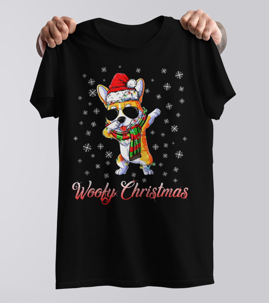 Woofy Christmas Dabbing Corgi In Santa Hat With Snowflakes T-Shirt