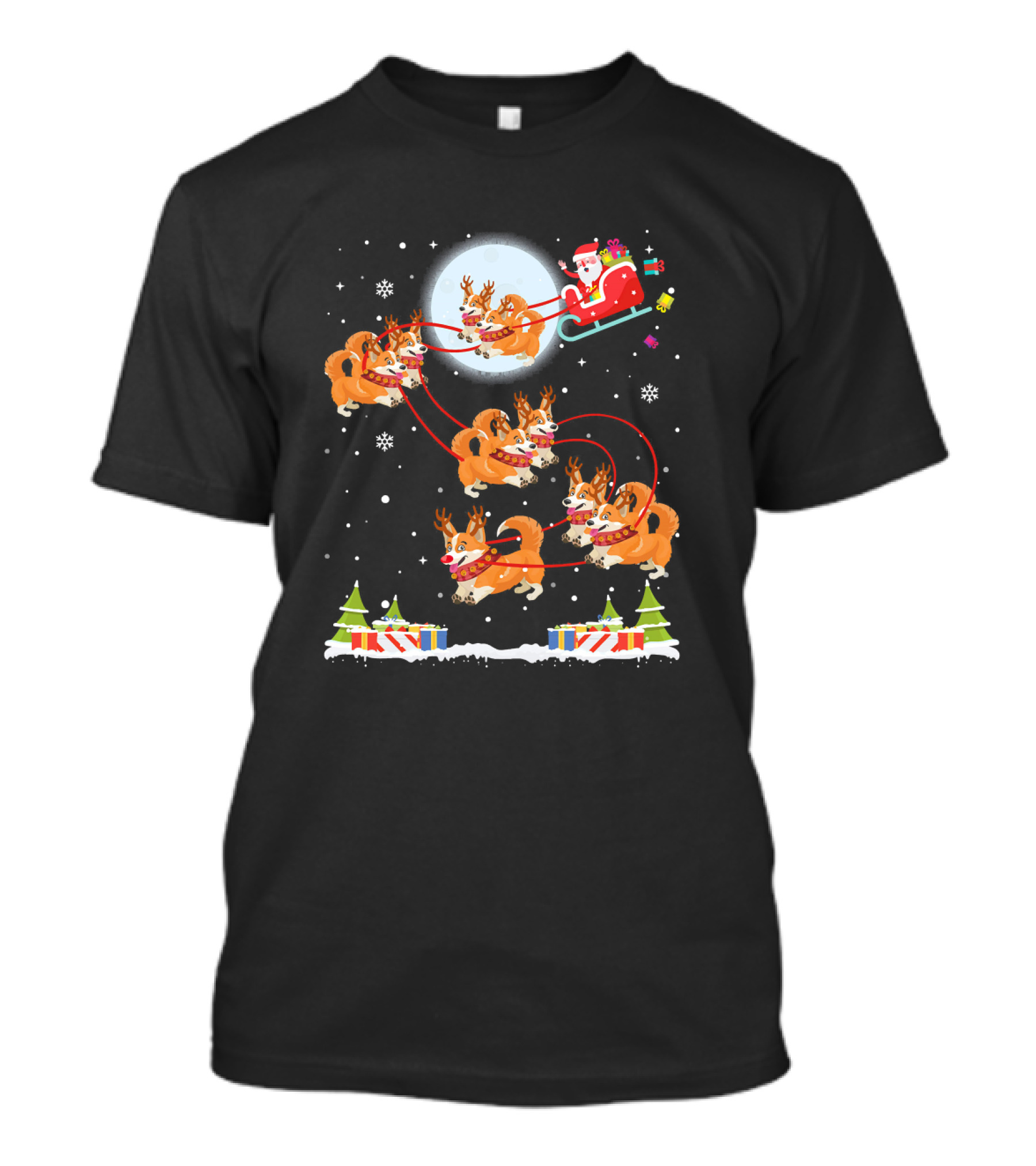 Retro Corgi Sleigh Santa Moon Snowflakes Gifts T-Shirt
