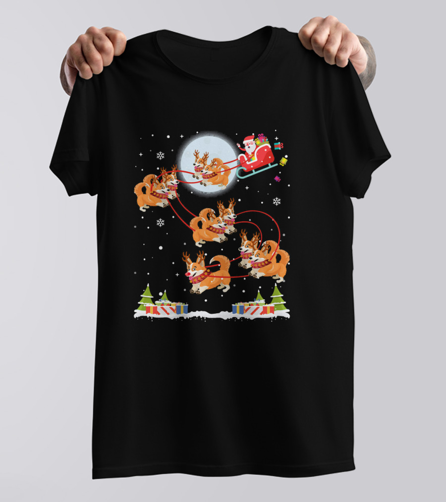Retro Corgi Sleigh Santa Moon Snowflakes Gifts T-Shirt