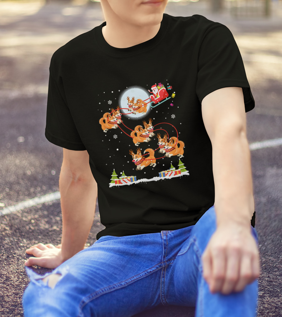 Retro Corgi Sleigh Santa Moon Snowflakes Gifts T-Shirt