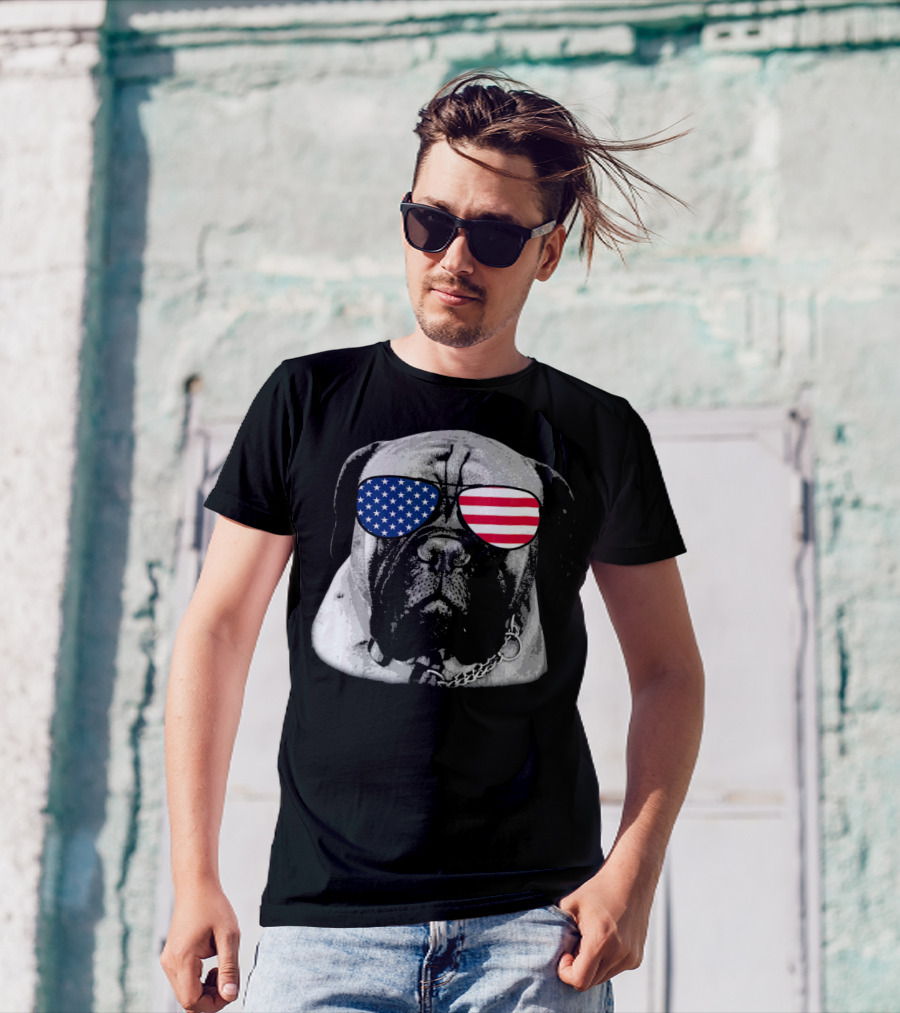 Bullmastiff Dog Wearing American Flag Sunglasses Merica T-Shirt