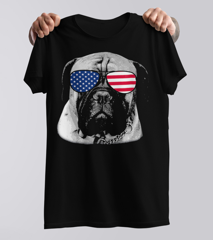 Bullmastiff Dog Wearing American Flag Sunglasses Merica T-Shirt