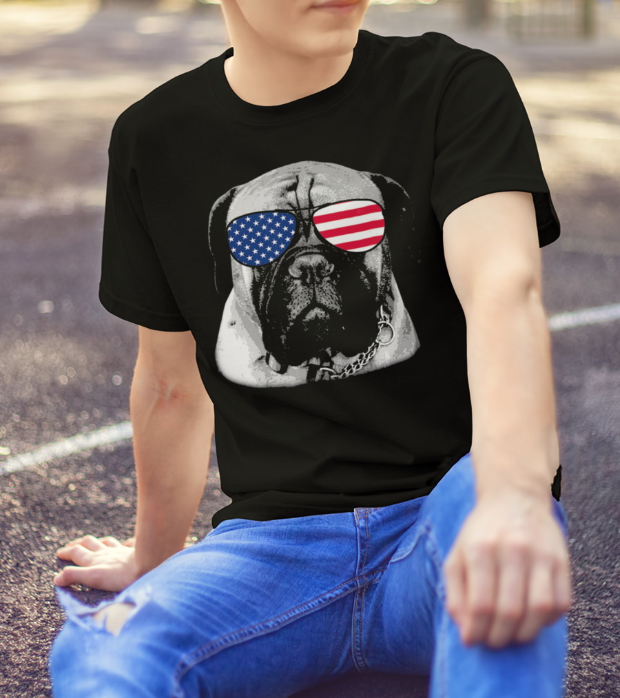 Bullmastiff Dog Wearing American Flag Sunglasses Merica T-Shirt