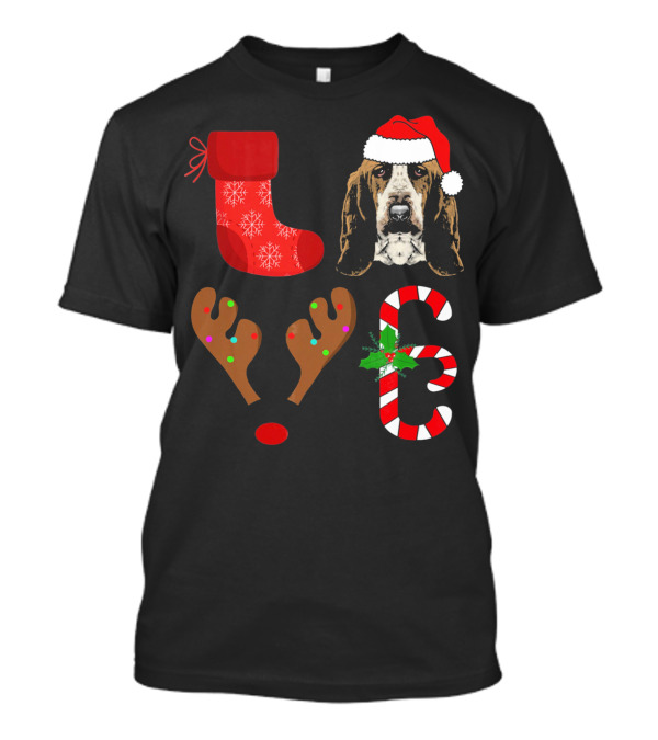 Basset Hound Santa Reindeer Candy Cane Stocking T-Shirt