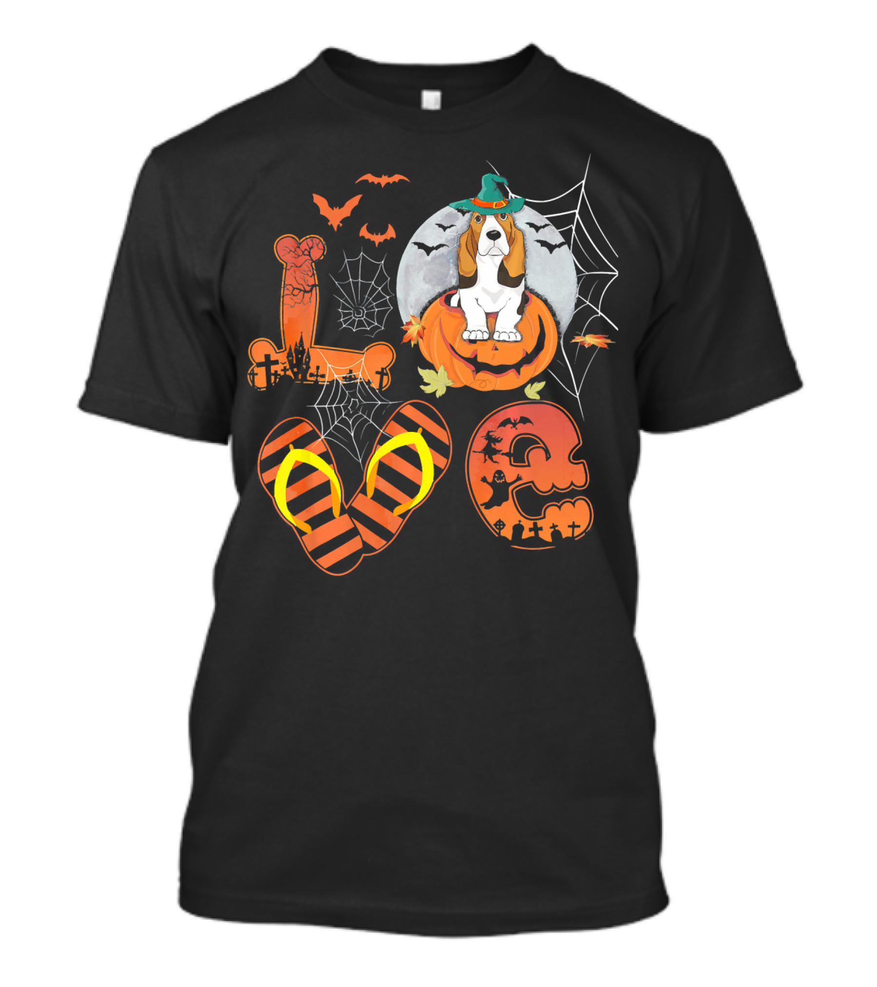 LOVE Basset Hound Halloween Pumpkin Moon Bat Spiderweb T-Shirt