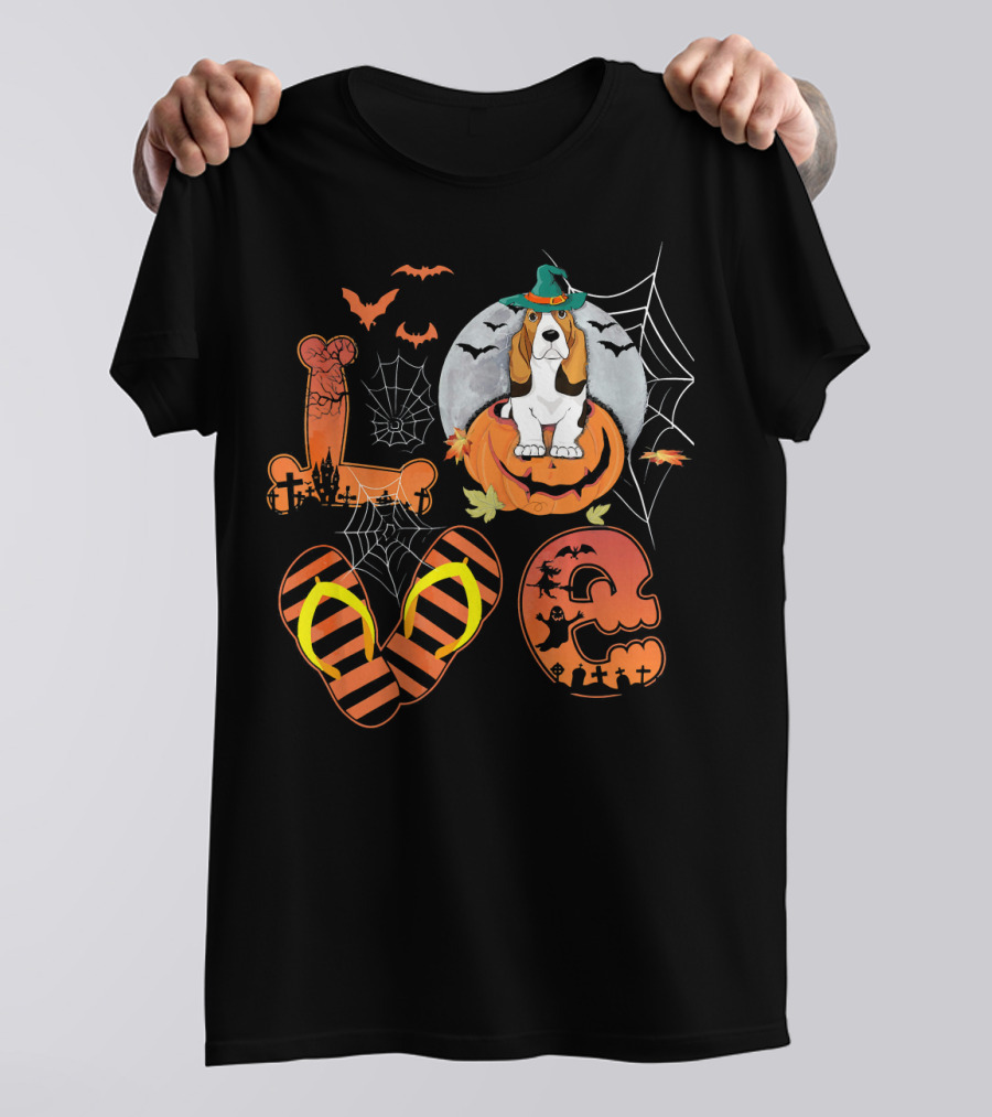 LOVE Basset Hound Halloween Pumpkin Moon Bat Spiderweb T-Shirt