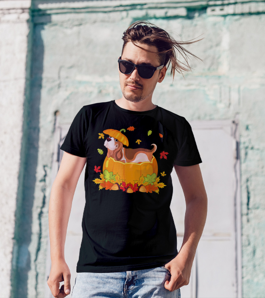 Thanksgiving Cute Basset Hound In Pumpkin Surrounded By Autumn Leaves T-Shirt