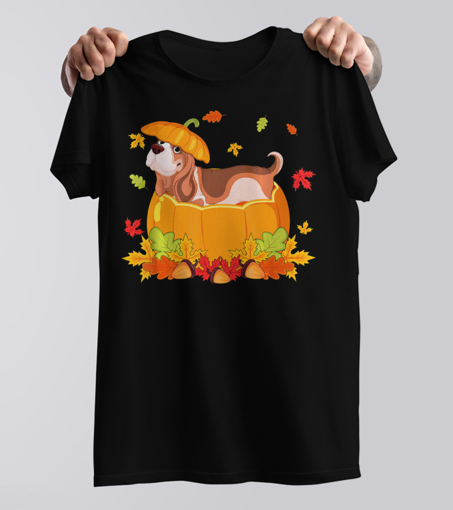 Thanksgiving Cute Basset Hound In Pumpkin Surrounded By Autumn Leaves T-Shirt