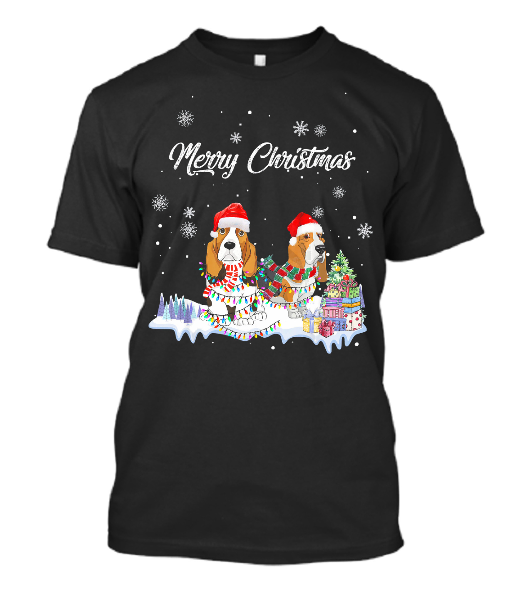 Merry Christmas Basset Hound Dog Santa Hat Lights T-Shirt