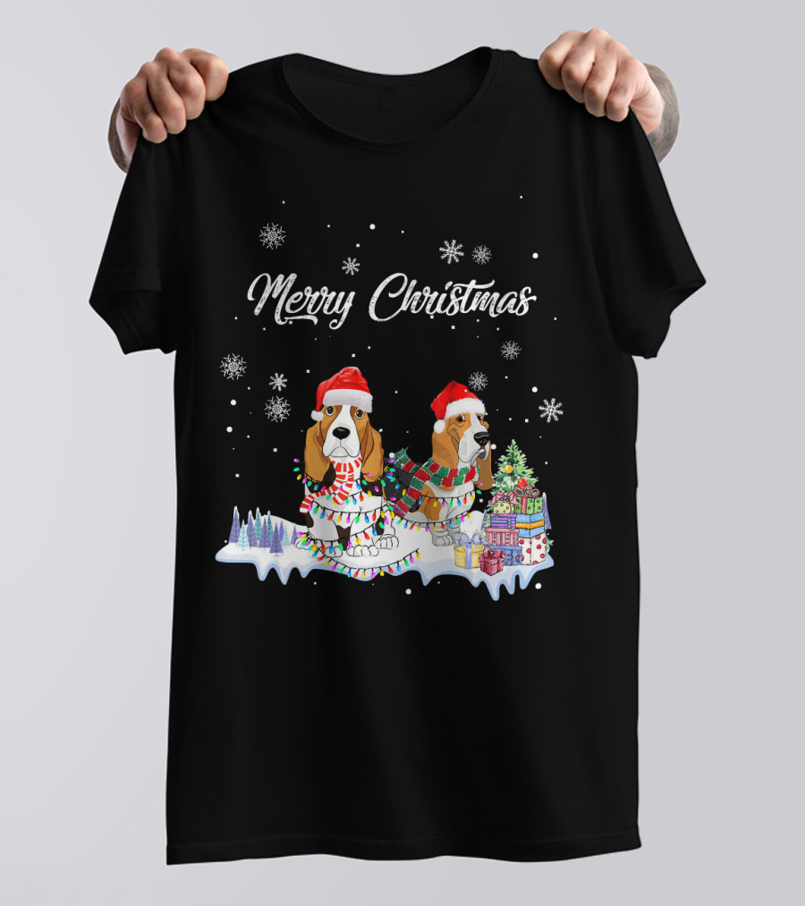 Merry Christmas Basset Hound Dog Santa Hat Lights T-Shirt