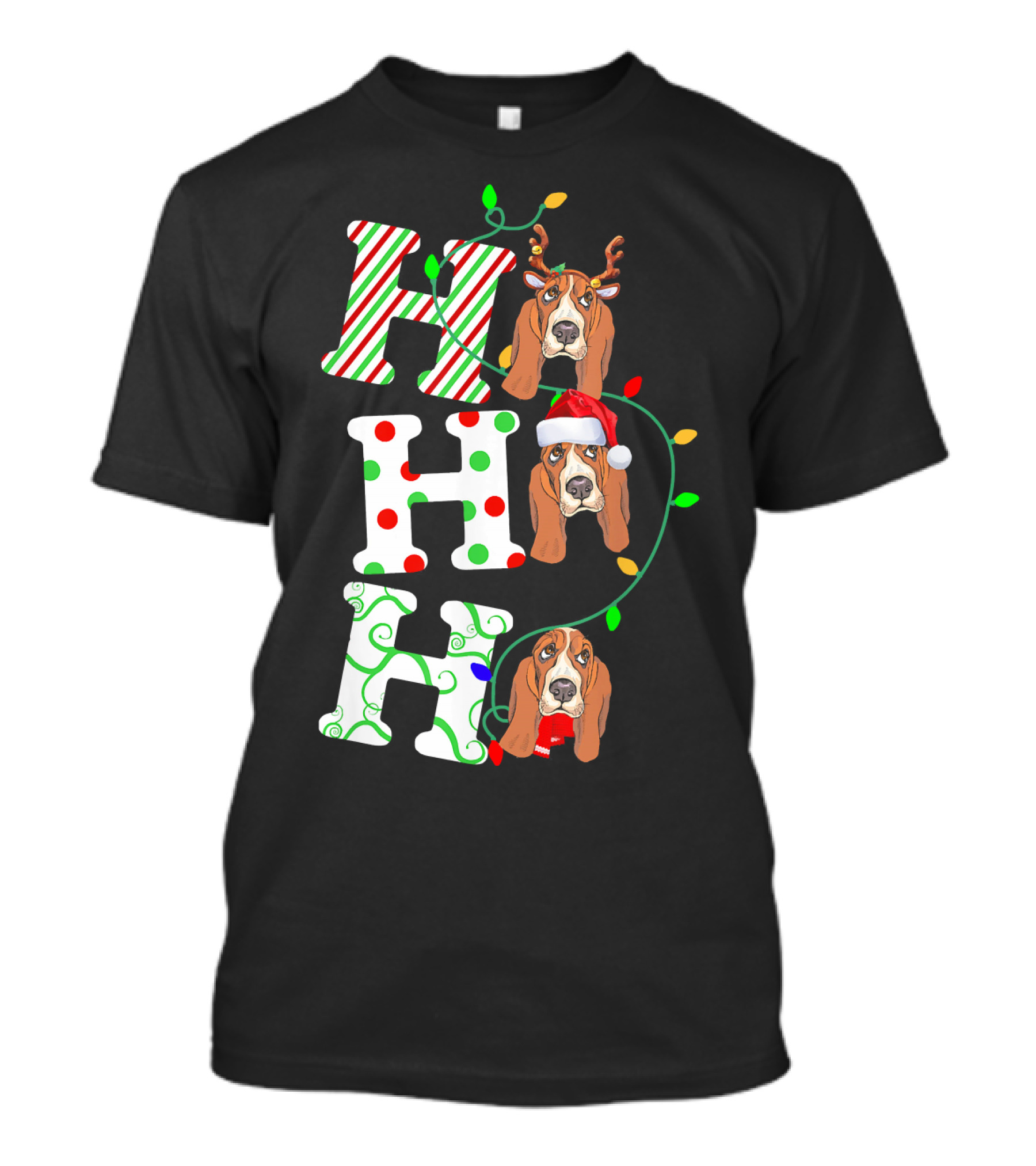 Basset Hound Ho Ho Ho Reindeer And Santa Hat Christmas Lights T-Shirt