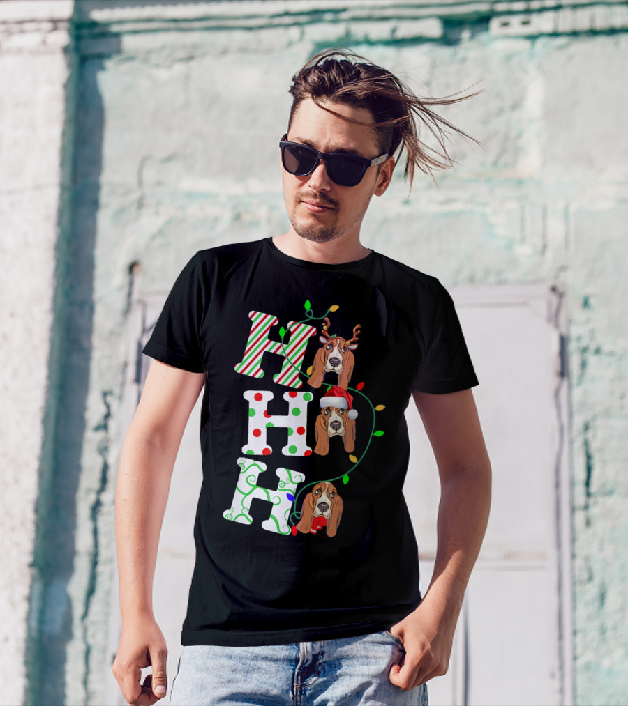Basset Hound Ho Ho Ho Reindeer And Santa Hat Christmas Lights T-Shirt