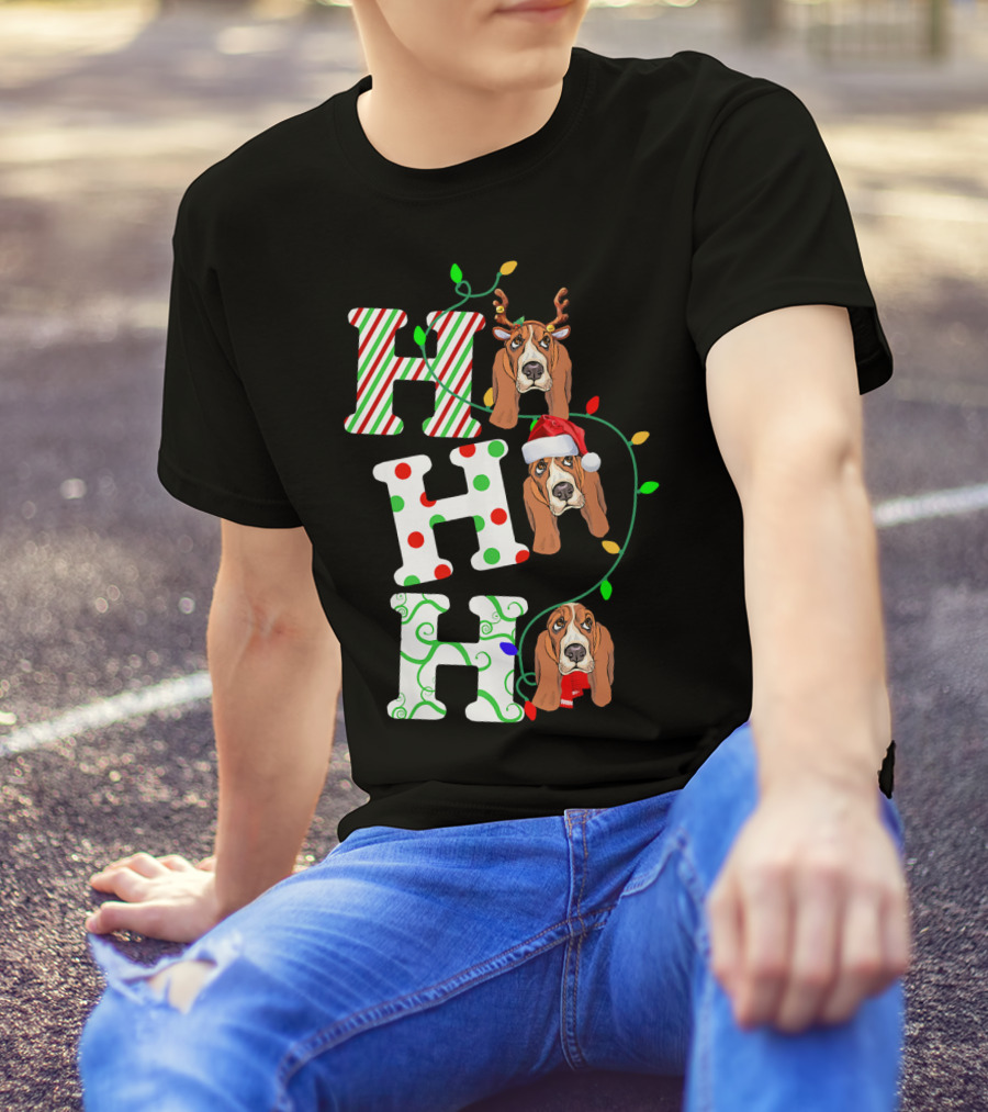 Basset Hound Ho Ho Ho Reindeer And Santa Hat Christmas Lights T-Shirt