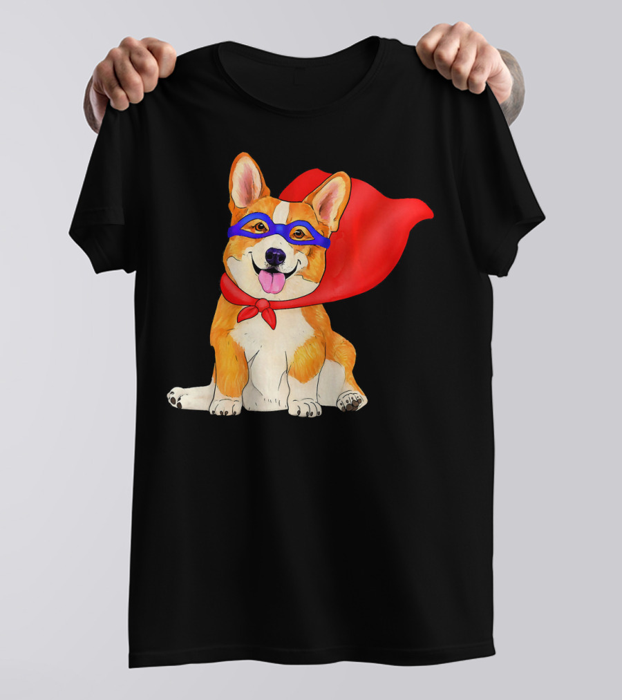 Super Hero Corgi Cute Dog In Red Cape And Blue Mask T-Shirt