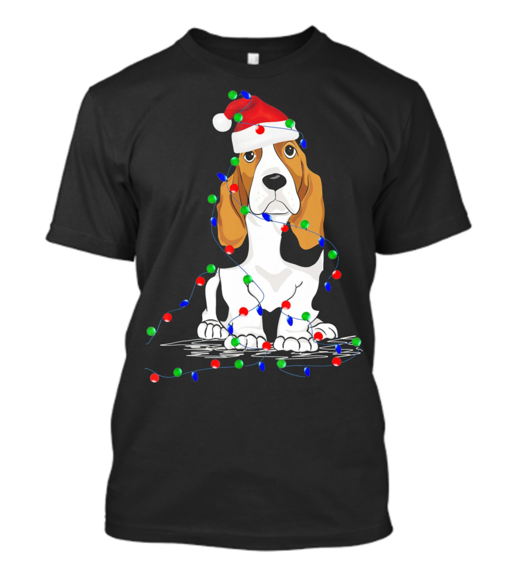 Basset Hound Santa Hat Wrapped In Christmas Lights Holiday Scene T-Shirt