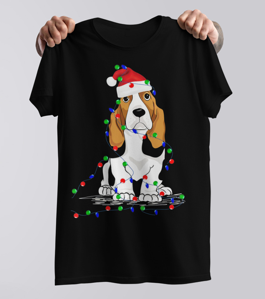 Basset Hound Santa Hat Wrapped In Christmas Lights Holiday Scene T-Shirt