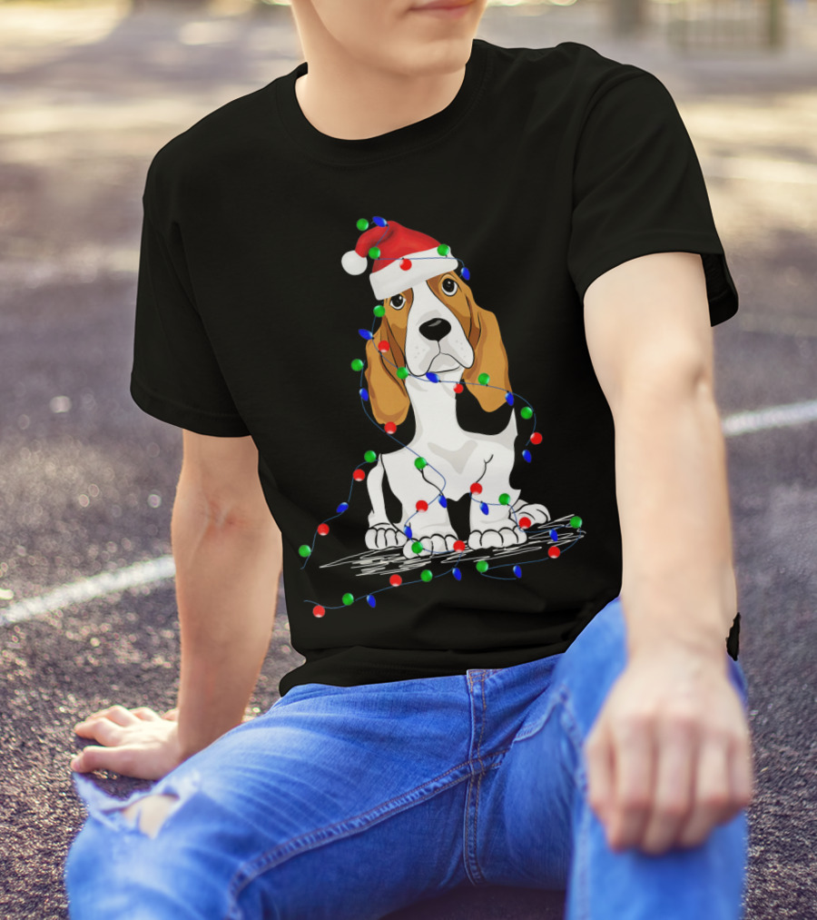 Basset Hound Santa Hat Wrapped In Christmas Lights Holiday Scene T-Shirt