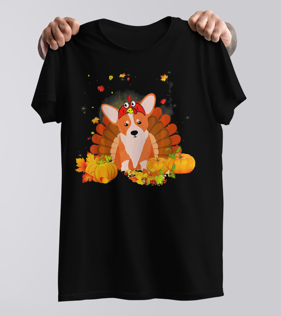 Welsh Corgi Turkey Thanksgiving Dog Surrounded By Pumpkins And Leaves T-Shirt