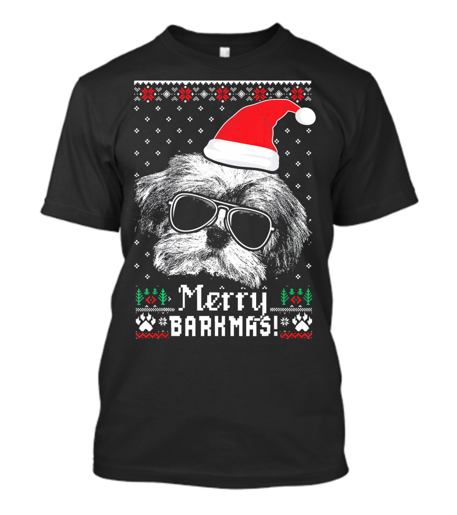 Havanese Merry Barkmas Santa Hat Ugly Sweater Style Holiday Dog Sunglasses T-Shirt