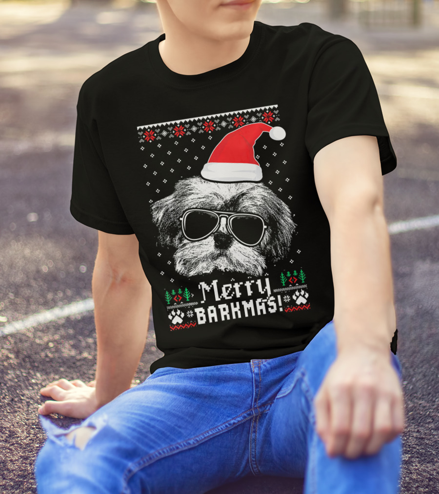 Havanese Merry Barkmas Santa Hat Ugly Sweater Style Holiday Dog Sunglasses T-Shirt
