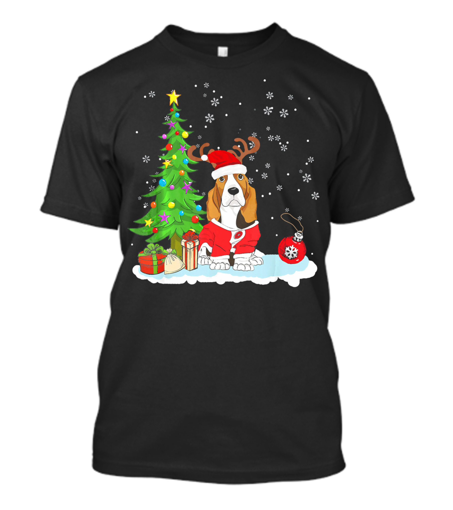 Basset Hound Dog Father Christmas Tree Snowflakes Santa Hat Holiday T-Shirt