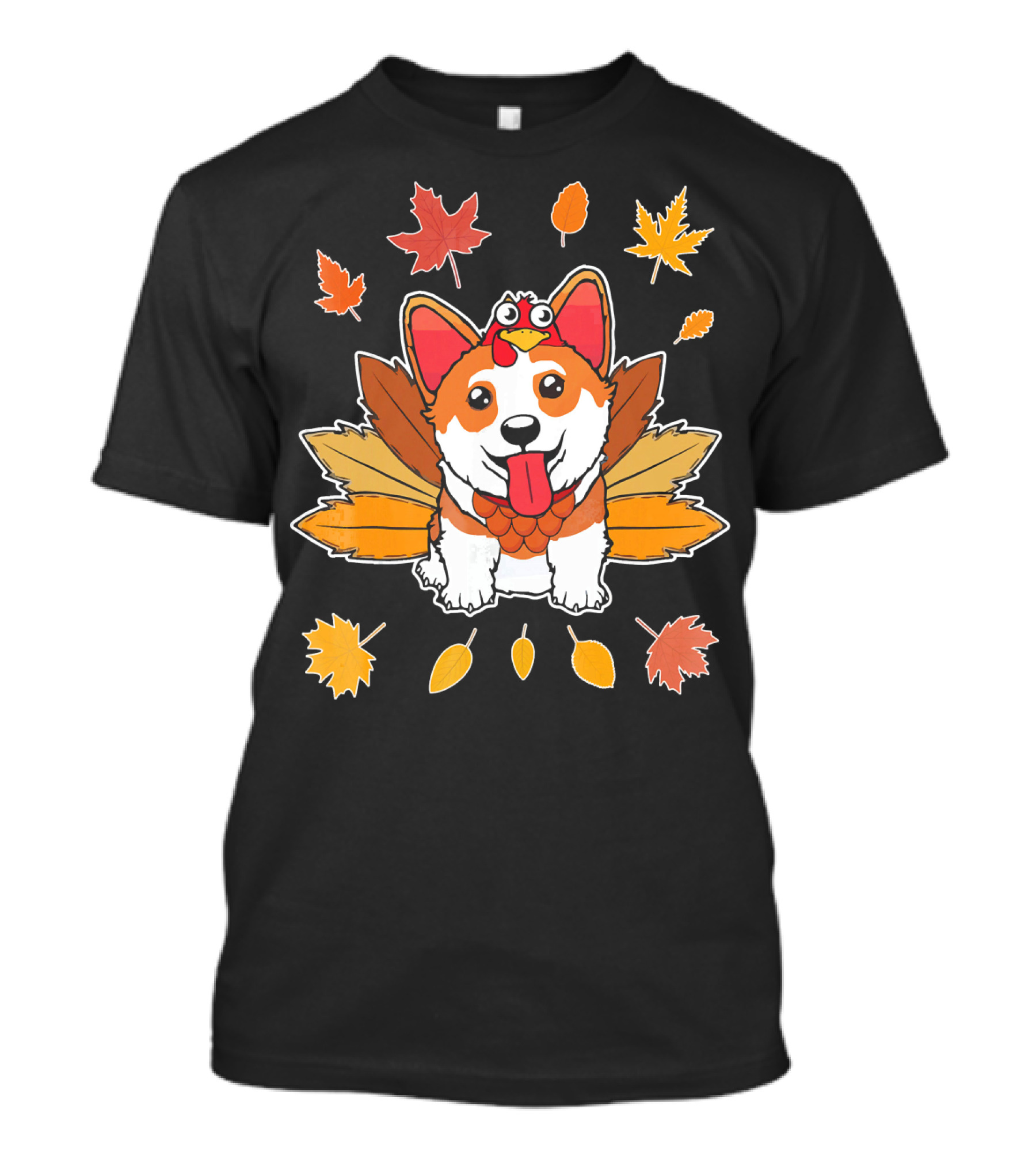 Turkey Pilgrim Corgi With Colorful Autumn Leaves T-Shirt