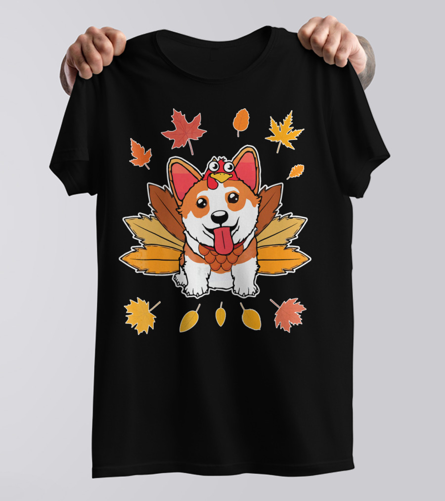 Turkey Pilgrim Corgi With Colorful Autumn Leaves T-Shirt