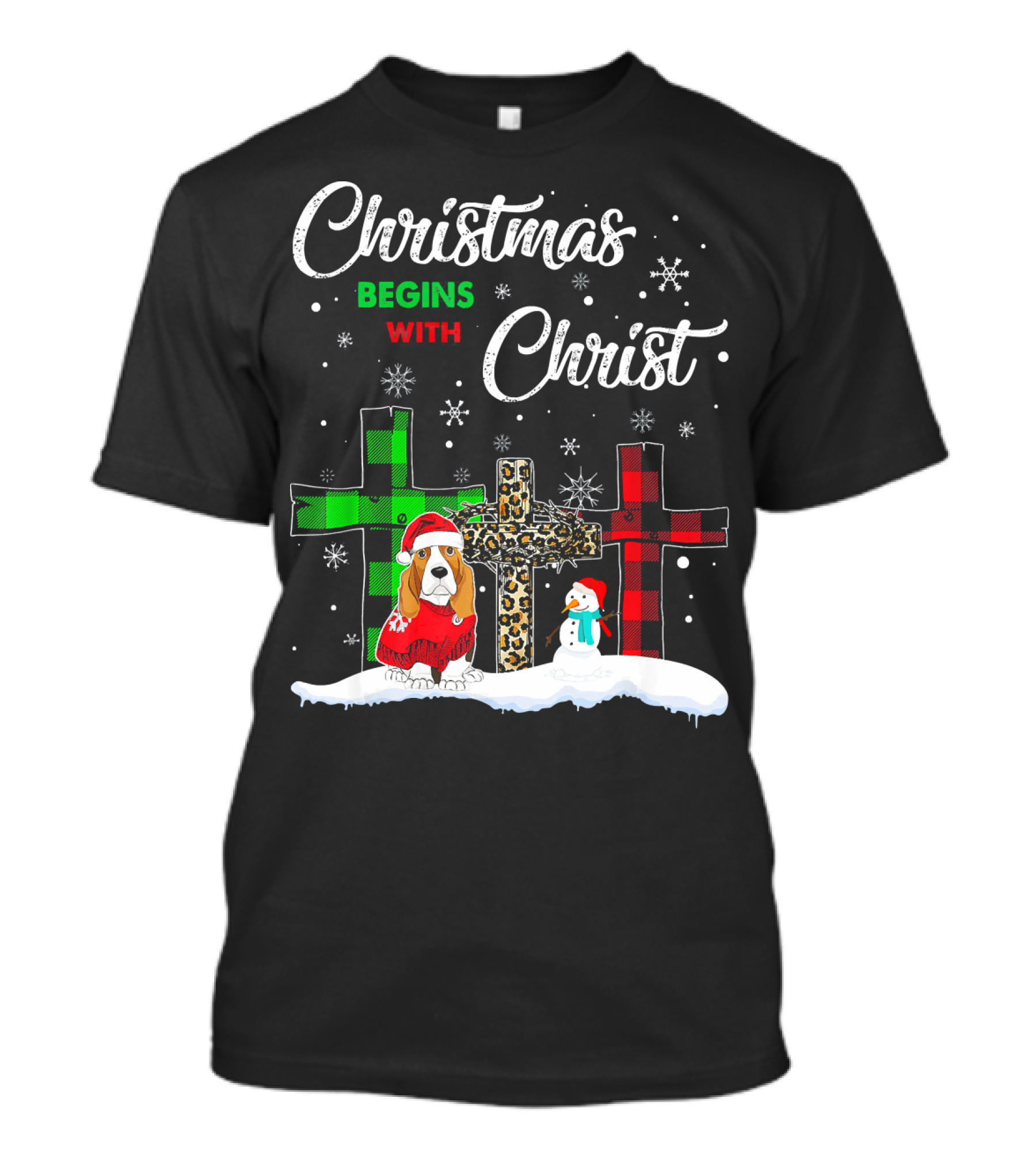 Christmas Begins With Christ Basset Hound Snowman And Crosses T-Shirt