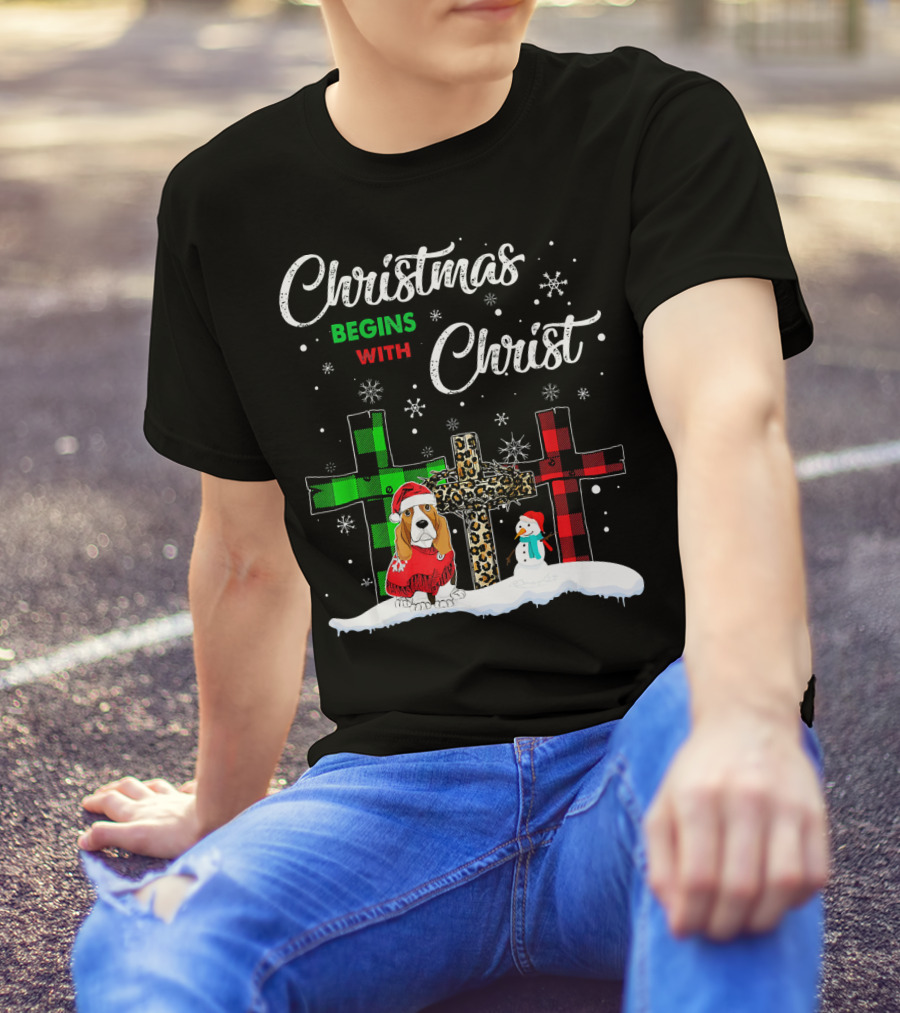 Christmas Begins With Christ Basset Hound Snowman And Crosses T-Shirt