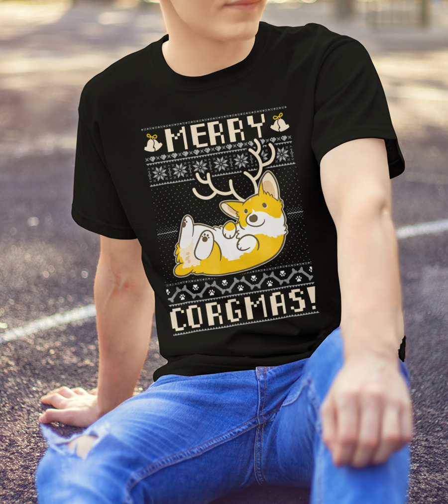 Merry Corgmas Corgi With Antlers And Holiday T-Shirt