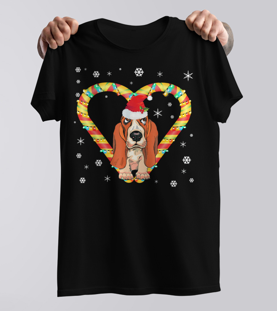 Basset Hound Santa Hat Candy Cane Heart Snowflakes T-Shirt